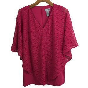 Catherines Womens V-Neck Lace Lined Layered Tunic Blouse Top Pink Plus Size 1X